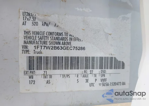 2016 Ford F-250 Xl из США, поврежденный, VIN 1FT7W2B63GEC75286